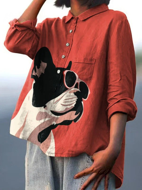 Samantha | Decorative Pattern of French Bulldog Wearing Sunglasses On Red Background Casual Shirt